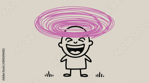 A cheerful doodle character laughing with a whimsical swirl of pink lines on its head expressing joy and playfulness on a beige background
