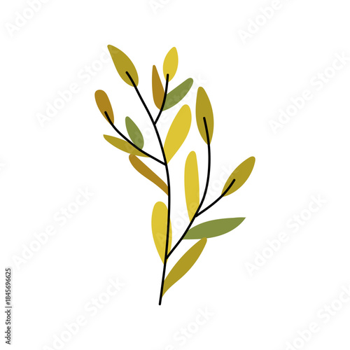 Autumn leaf drawing in warm orange and yellow tones, botanical sprigs and twigs rendered as handmade vector graphic artwork.