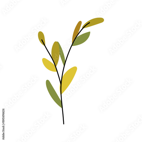 Autumn leaf drawing in warm orange and yellow tones, botanical sprigs and twigs rendered as handmade vector graphic artwork.