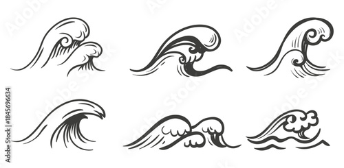 Abstract Ocean Wave Line Art Vector Set – Decorative Sea Swirl, Water Curl and Vintage Wave Illustration Collection. Iconic collection of stylized ocean waves in a traditional Japanese art style