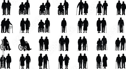 Elderly people silhouettes with couples seniors walking using canes and wheelchairs representing care support aging isolated on white background vector illustration