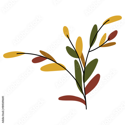Autumn leaf drawing in warm orange and yellow tones, botanical sprigs and twigs rendered as handmade vector graphic artwork.