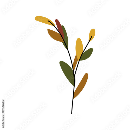Autumn leaf drawing in warm orange and yellow tones, botanical sprigs and twigs rendered as handmade vector graphic artwork.