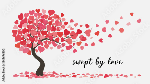 S shaped tree trunk with pink heart shaped leaves scattered around valentine's day symbol love romantic gesture