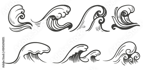 Abstract Ocean Wave Line Art Vector Set – Decorative Sea Swirl, Water Curl and Vintage Wave Illustration Collection. Iconic collection of stylized ocean waves in a traditional Japanese art style