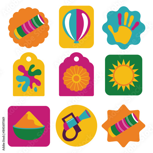 Colorful festival badge and label icon set with abstract shapes handprint powder joy flat vector design collection
