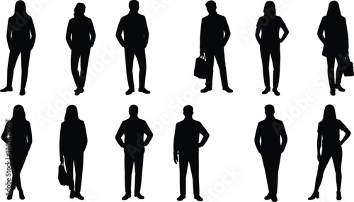 Business people silhouettes collection, professional men women standing poses isolated on white background