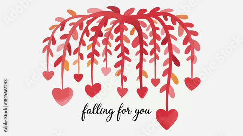 Flat vector illustration of a romantic willow tree with hanging hearts in red and pink hues on a white background