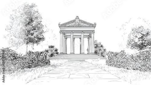 Serene Classical Temple in Tranquil Garden - Vector Illustration