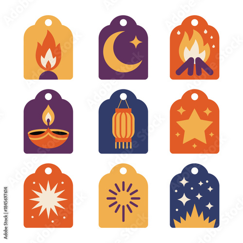 Decorative festival gift tag icon collection with fire moon lantern star night celebration flat vector illustration set