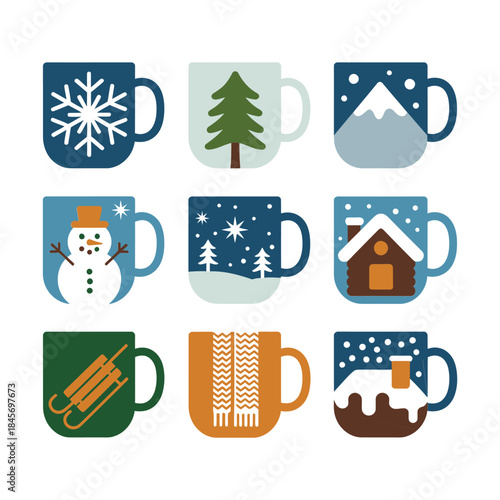 Christmas and winter beverage mug icon pack with snowflake tree cabin patterns warm drink flat vector illustration