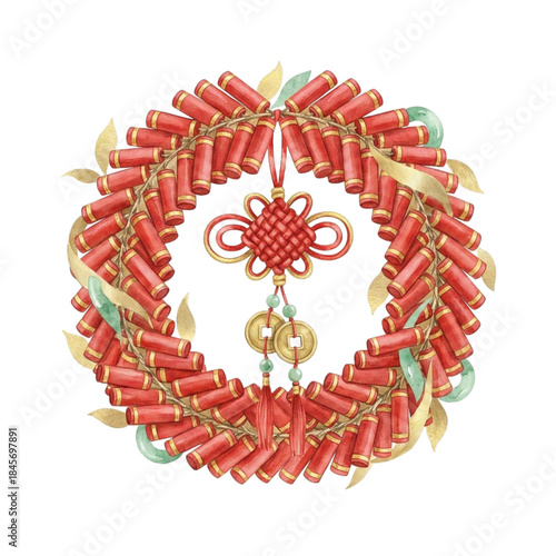 Beautiful red and gold christmas wreath with decorative elements isolated on white background