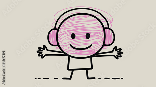 A cheerful doodle stick character with pink headphones stretching arms out wide on a plain background with a happy smiley face