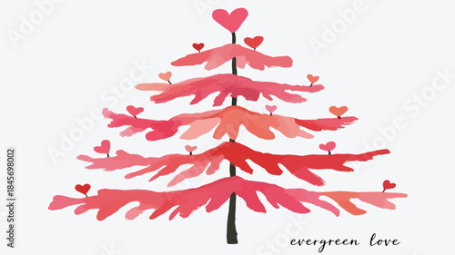 A minimalist pine like tree with layered branches in shades of pink and red adorned with small hearts on a white background