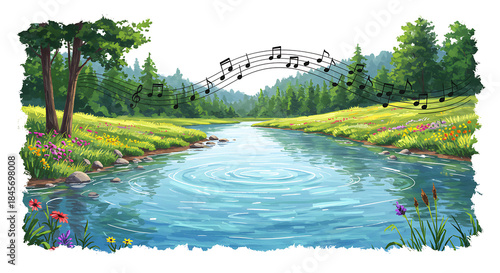 Flowing River in a Landscape with Musical Notes