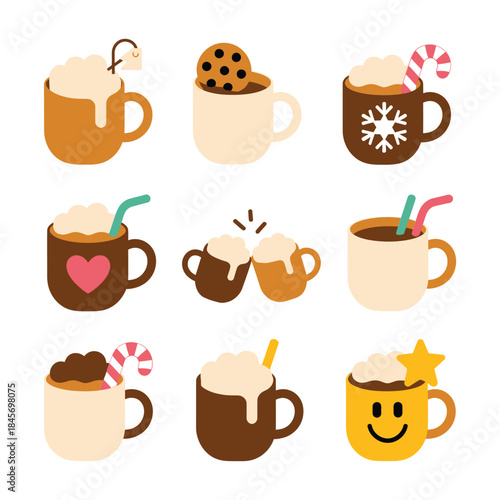 Warm coffee and cocoa mug icon set with whipped cream hearts stars cookies cozy drink flat vector collection