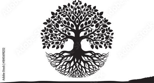 Tree of Life Silhouette with Roots – Black Sacred Nature Symbol.