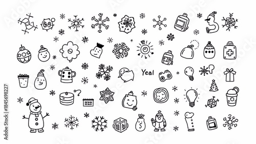 Hand-drawn doodle animation with alpha channel on transparent background showing winter characters, robots and holiday decorative elements.