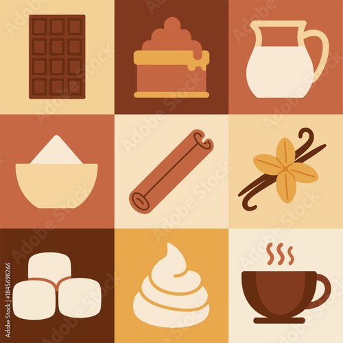 Hot chocolate ingredient icon grid featuring cocoa bar milk sugar cinnamon marshmallow dessert elements flat vector illustration