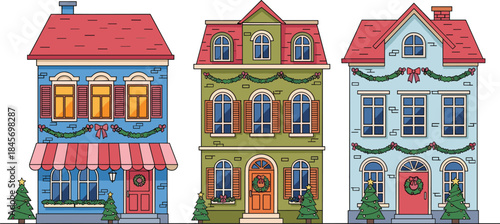 Festive holiday houses illustration featuring colorful homes with Christmas decorations garlands wreaths and trees isolated on white background vector design
