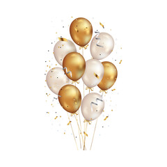 Golden and white balloons with falling confetti isolated on transparent background