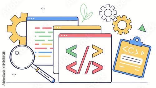 3D vector of a programmer coding, typing script in source languages, with symbols and icons for software development project.