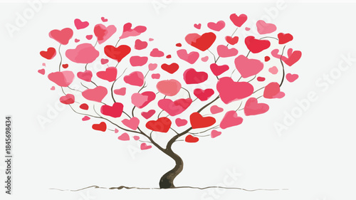 A whimsical minimalist tree with twisted slim trunk and branches adorned with numerous pink and red hearts on white background