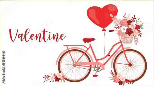A charming pink bicycle decorated with minimal floral elements and a heart shaped balloon on a white background for valentine's day
