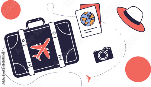 3D rendering of traveler items: luggage, suitcase, sunglasses, passport, camera, tickets, holiday essentials, vacation map pin.