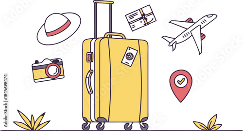 3D vector of travel accessories: suitcase, sunglasses, camera, hat, passport, tickets, map pin, vacation journey concept.
