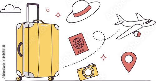 Traveler accessories 3D rendering: suitcase, camera, passport, tickets, hat, sunglasses, map pin, luggage for vacation or trip.