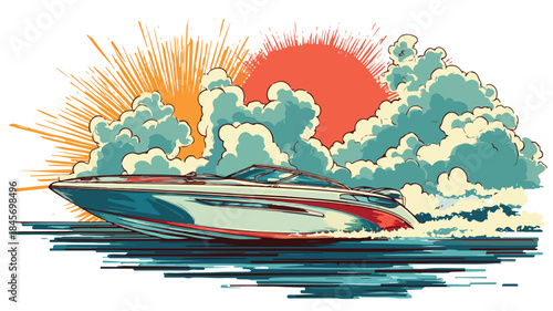 Speedboat Racing on Water with Cloudscape Background