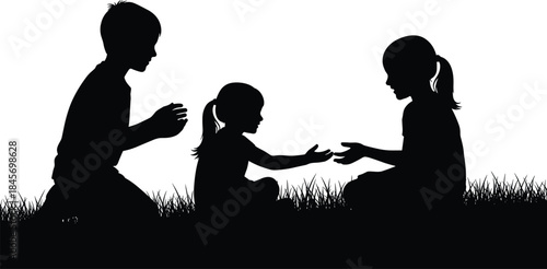 Children silhouette icon set, black illustration of sitting and sharing on grass, outdoor play and childhood interaction concept graphic
