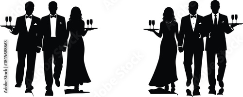Elegant party people silhouettes holding champagne glasses representing luxury celebration formal event gala night isolated on white background vector illustration