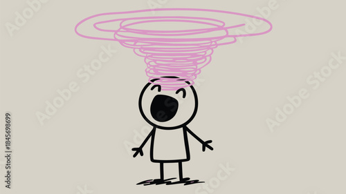 Tiny stick figure looking upward with a pink swirling vortex above its head in a shocked expression on a beige background with black lines