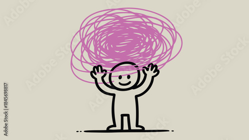 Flat doodle character raising both hands with pink scribbles on head standing on gray background with happy expression