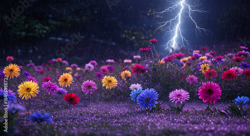 Vibrant Flower Field Under Stormy Night Sky with Lightning