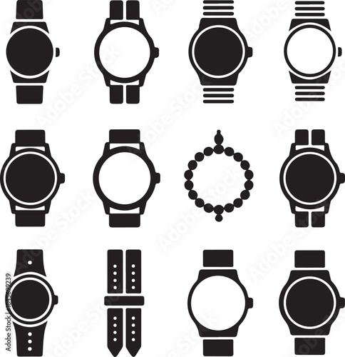 Watch icons, wrist watch, smart clock, time accessories, digital dial, analog face, fashion strap, wearable tech, hand timer, classic design