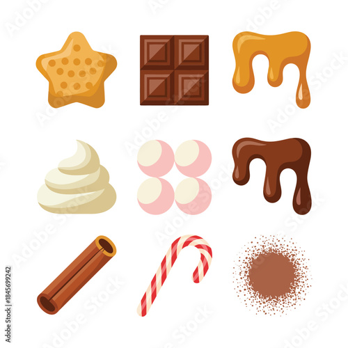 Winter sweet treat illustration pack featuring chocolate bar caramel drizzle marshmallow candy cane spice festive flat vector design