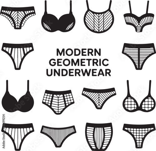 Lingerie icons, women underwear, geometric bra, bikini set, fashion panties, female clothing, textile lace, modern shapes, body apparel