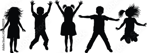 Happy jumping children silhouettes expressing freedom joy and energy isolated on white background playful childhood vector illustration design set concept