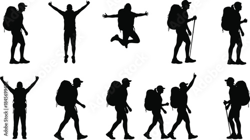 Hiker silhouettes collection showing backpackers walking jumping celebrating adventure travel and outdoor exploration isolated on white background vector illustration