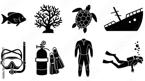 Scuba diving and underwater life icon set fish, turtle, wreck, gear, and diver silhouettes