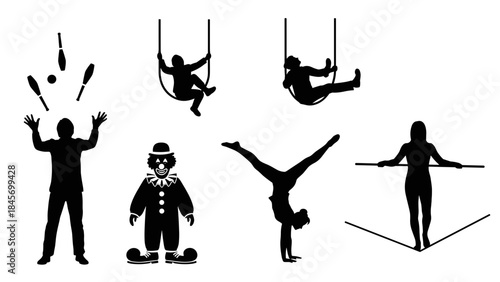 Circus and acrobatics performance icons juggler, clown, trapeze, and tightrope walker silhouettes