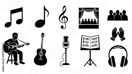 Music and audio icons musician, guitar, notes, microphone, headphones, and stage silhouettes