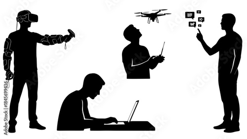 Silhouettes of people interacting with modern technology vr headset, drone control, laptop use, and digital interface interaction
