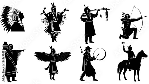 Collection of native american cultural figures and symbols in silhouette