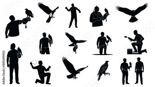 Collection of falconry silhouettes hunters with birds of prey in various poses and actions