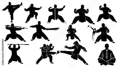 Collection of kung fu and tai chi martial arts silhouettes poses and figures