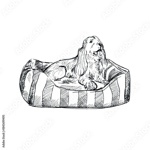 A greyscale drawing of a dog in a striped dog bed.